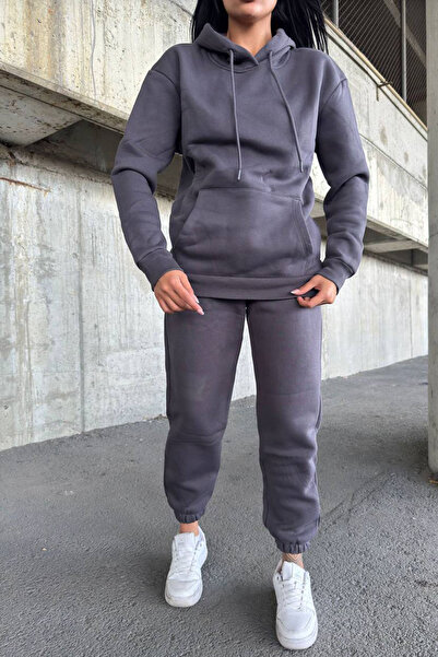 CİDDE Γυναικείο κοστούμι επένδυση fleece σετ φόρμας με κουκούλα με τρεις κλωστές Kangru, συμπαγές χτενισμένο βαμβάκι, εσωτερικά άνετο