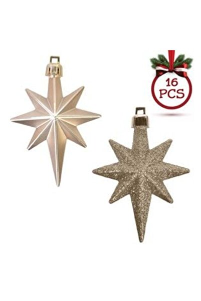 SHOPIENS Christmas Ornaments Set - Stars Beige Matte Glitter 8 cm - 16 pcs