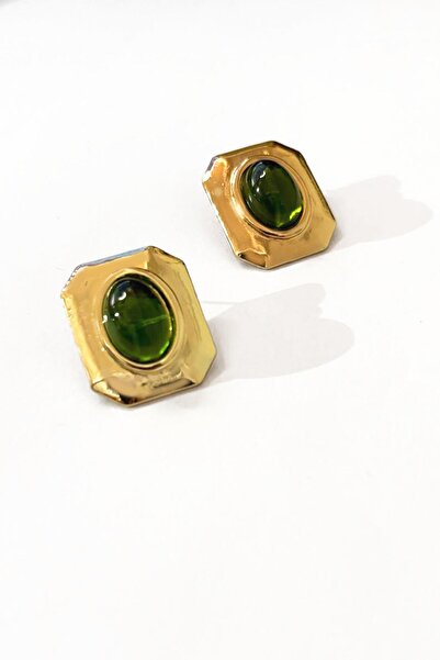 New Obsessions Gold Detailed Colorful Stone Square Steel Vintage Earrings