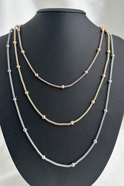 Modex Rose Gold Silver Color Ball Chain Triple Necklace (60cm)