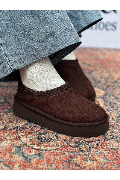 SİBA SHOES Yula İçi Kürklü İşleme Detaylı Acı Kahve Süet Kadın Bot