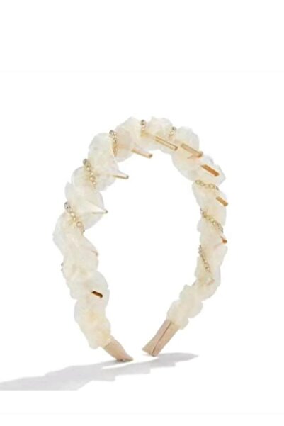 New Obsessions White Tulle Fabric and Bead Embroidered Shark Tooth Bone Crown