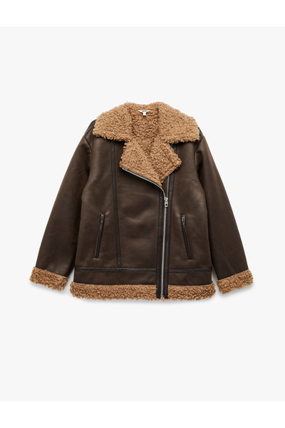 Koton Jachetă de motociclist aspect de piele cu mâneci lungi, buzunar cu fermoar și guler de pluș