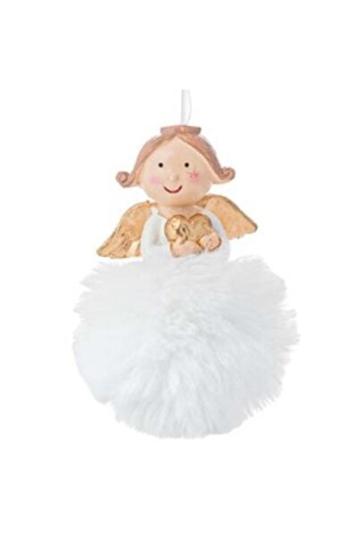 SHOPIENS Ornament de Crăciun pentru brad - Înger ceramic cu blană albă, 11 cm
