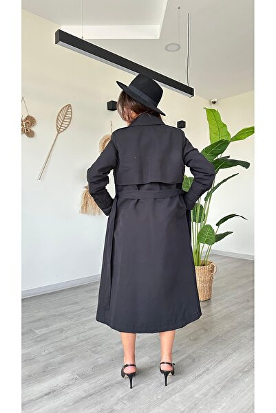 modadagiyim Women's Double-Breasted Collar Waist-Tied Belted Premium Trench Coat