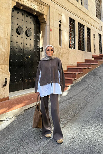 Love Fab Zippered Shirt Cardigan Model Sweet Pants Knitwear Set Hijab