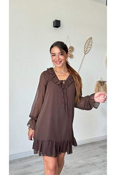 modadagiyim Very Stylish Above-Knee Dress with Gathered and Sleeve Detailing, Ruffled Tie-Up, and Chiffon Lining