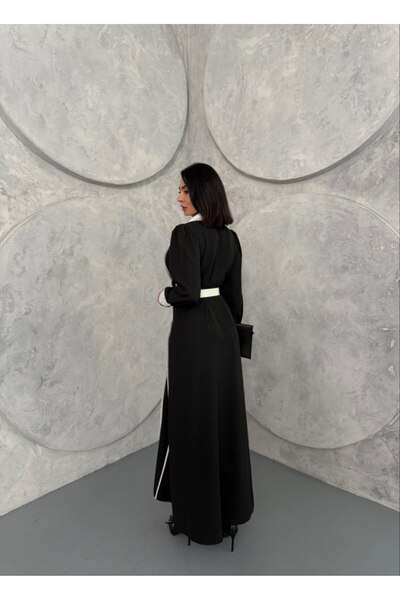 suphias Atlas Fabric Dress with Front Buckle (Including Belt) Black -42166