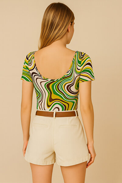 LACHT Women's U Neck Short Sleeve Ecru Cream Pattern Blouse