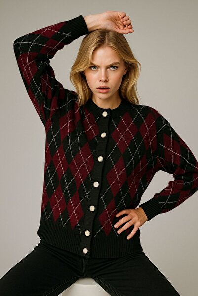 Sfg Life Moda Women's Diamond Patterned Jacket Cardigan with Gold Buttons on the Front