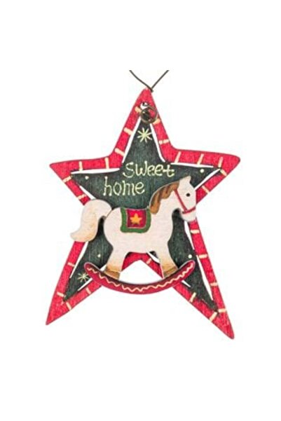 SHOPIENS Ornament vintage pentru brad de Crăciun - Stea din lemn cu cal, 8 cm