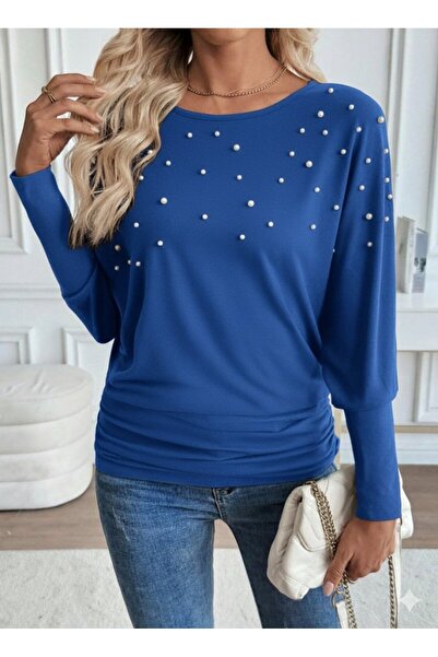 Turega Style بلوزة نسائية بأكمام طويلة وياقة دائرية من الفسكوز اللؤلؤي