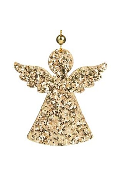 SHOPIENS Ornament de Crăciun din lemn - Înger cu sclipici auriu, 8 cm