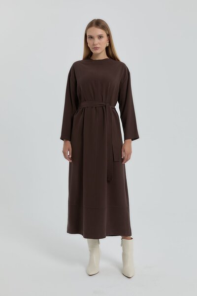 Nihan Beli Kuşaklı Modal Elbise Kahve