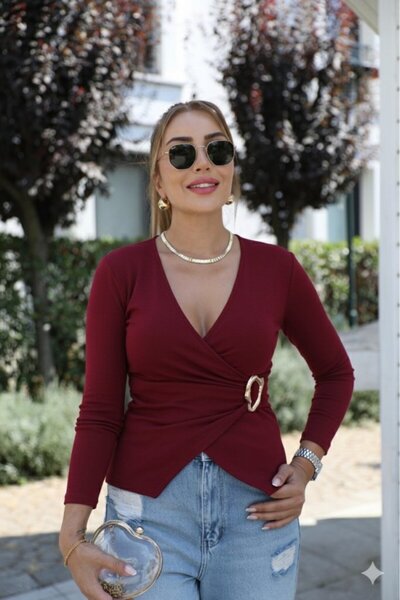 buğrahayalin Women's Long Sleeve Double-Breasted Collar Buckle Detailed Viscose Blouse