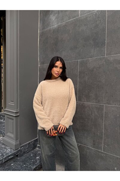 MODAMERSİ Women's Beige Crew Neck Oversized Beard Knitwear Sweater