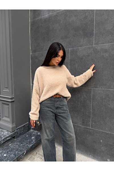 MODAMERSİ Women's Beige Crew Neck Oversized Beard Knitwear Sweater