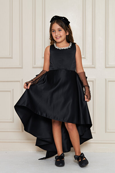 zühre balaban Black Short Front Glove Stone Girl Evening Dress