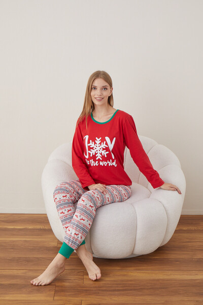 Serena Women's Christmas pajamas, red blouse and colorful pants, "Joy to the World" print