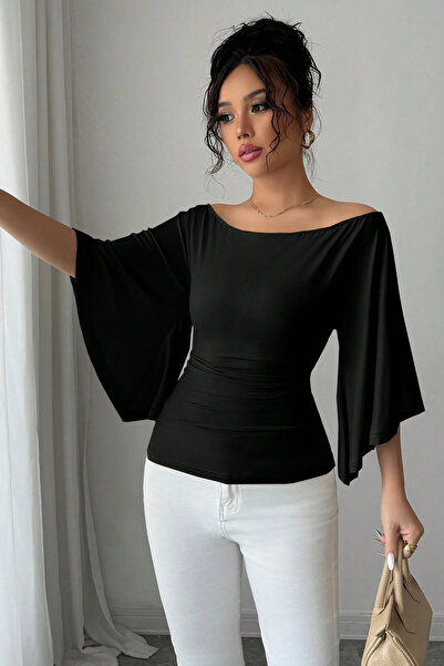 COOL TARZ Women's White Boat Neck Flare Sleeve Draped Fit Blouse