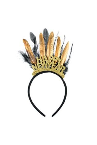 happy new year Coroană aurie cu pene și sclipici -