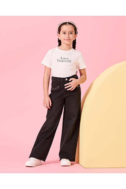 REDTAG Girls Black Wide leg Embellished With Studs Jeans