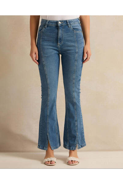 REDTAG جينز واسع الأرجل نسائي أزرق بخياطة أمامية واسعة