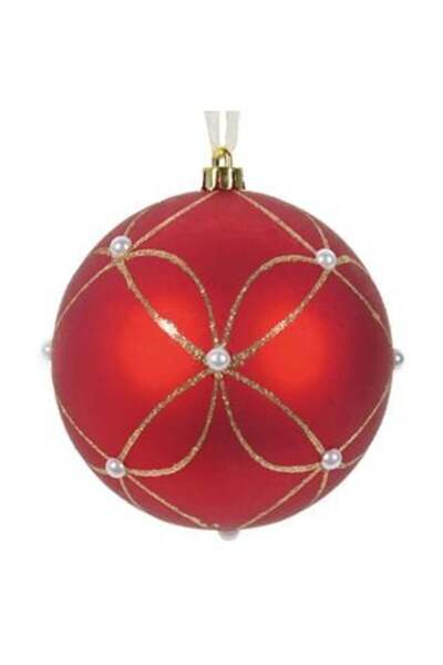 Jumbo Christmas Tree Ornament - Matte Red Bauble with Gold Glitter Patterns & White Beads Ø12 cm