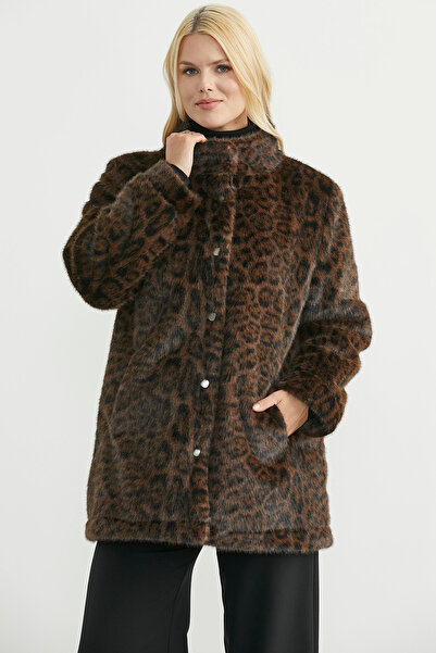 Sementa Palton de blană căptușit mărime mare imprimeu leopard - maro