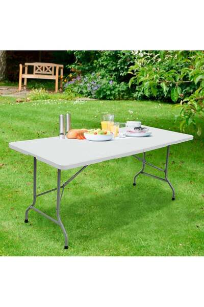 Türkiye 6 Foot Plastic Folding Table - Folds in Half with Carrying Handle - White Resin with Steel Frame