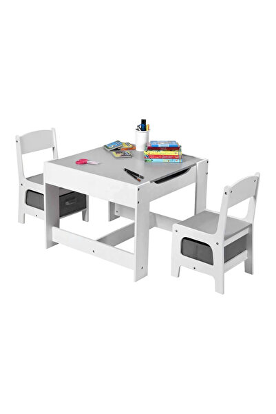 GINGER HOME Table set with 2 wooden chairs with storage space and chalkboard White/Grey