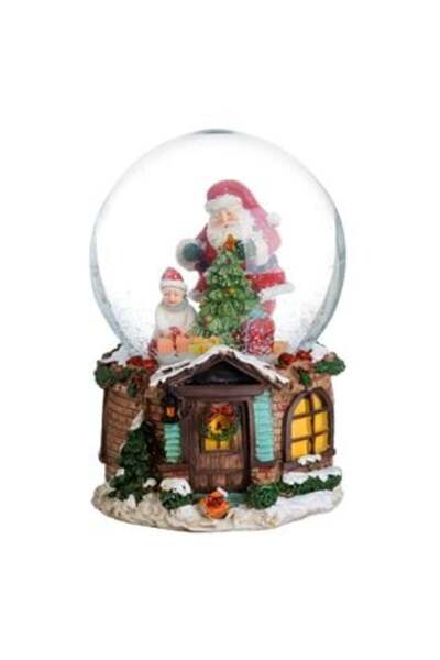 OEM Glob de zăpadă muzical de Crăciun - Căsuță cu Moș Crăciun și copil, 15 cm