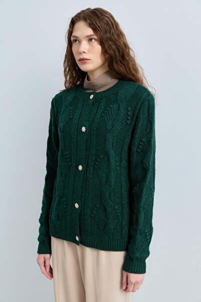 Nihan Taş Düğmeli Saç Örgülü Triko Hırka Yeşil