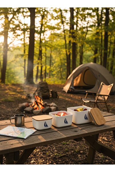 CEM HOME Natural Wooden Lid Marine Triple Set Storage Container Lunch Box (3-Piece)