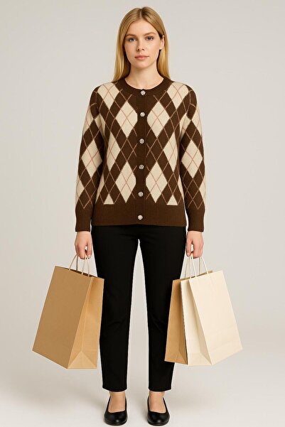 Sfg Life Moda Women's Diamond Patterned Jacket Cardigan with Gold Buttons on the Front