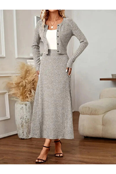 MODA Women's long sleeve front button blouse and high waist a-line long skirt raised rib knit double set