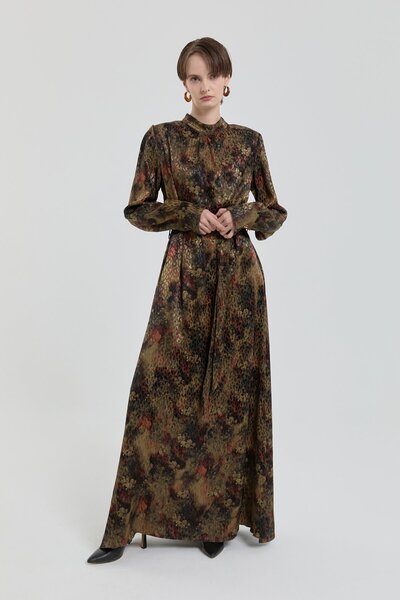 Nihan Kuşaklı Jakar Elbise Haki