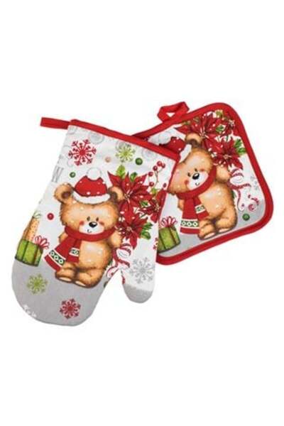 SHOPIENS Christmas kitchen glove & towel set - Red bear with hat - 2 pcs