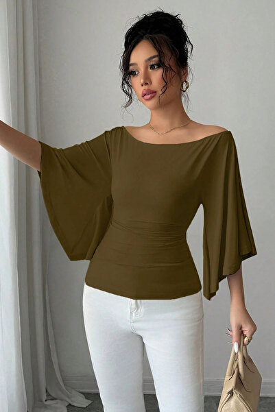 COOL TARZ Women's White Boat Neck Flare Sleeve Draped Fit Blouse