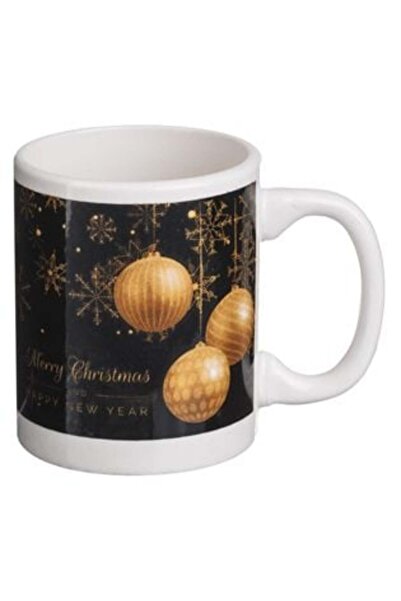 SHOPIENS Cană mică de Crăciun din ceramică cu globuri negre și aurii, 125 ml