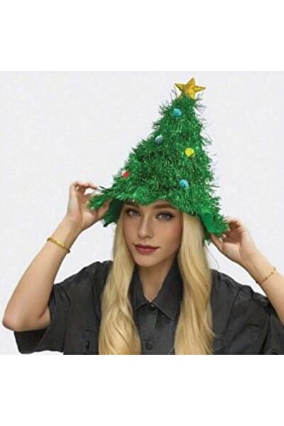 SHOPIENS Christmas Tree Party Hat with Green Tinsel & Pompon 45 cm