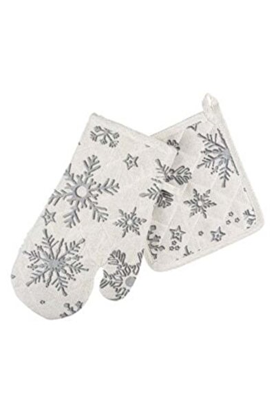 SHOPIENS Christmas Kitchen Mitt & Napkin Set Ecru Silver Lurex - 2 pcs