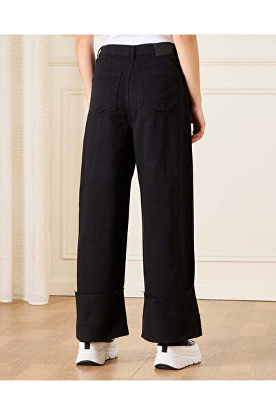 REDTAG Senior Girls Black Wide leg Folded Hem Jeans