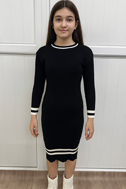 NEWCO Ριγέ Λεπτομερές φόρεμα και παιδικό πλεκτό φόρεμα με λεπτομέρεια με κουμπιά στον μήκος του γόνατου -323433