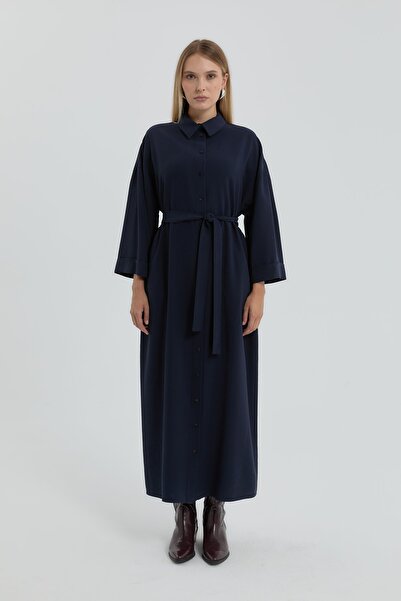 Nihan Önden Düğmeli Kuşaklı Modal Elbise Lacivert