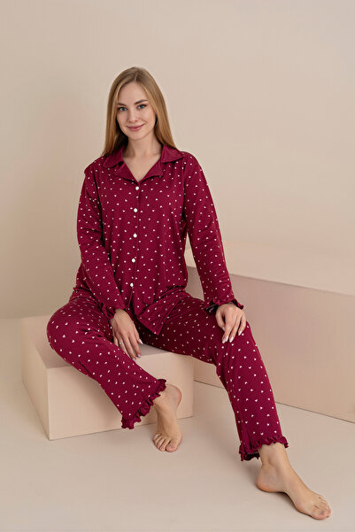 rindahomewear Women's Printed Milan Knitted Long Sleeve Buttoned Pajama Set with Ruffle Detail on Sleeves and Legs