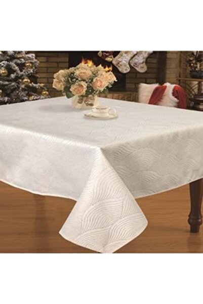 SHOPIENS Christmas Tablecloth Ecru with Wavy Stripes Gold Thread 120 x 120 cm