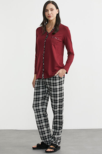 Sementa Plaid Combination Buttoned Pajama Set - Burgundy