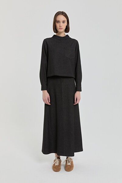 Nihan Denim Görünümlü Etek Bluz Takım Siyah