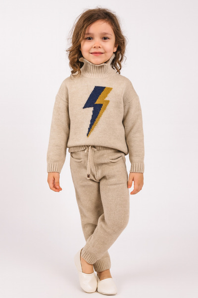 Minora Girl's Knitwear Beige Lightning Pattern Trouser Suit